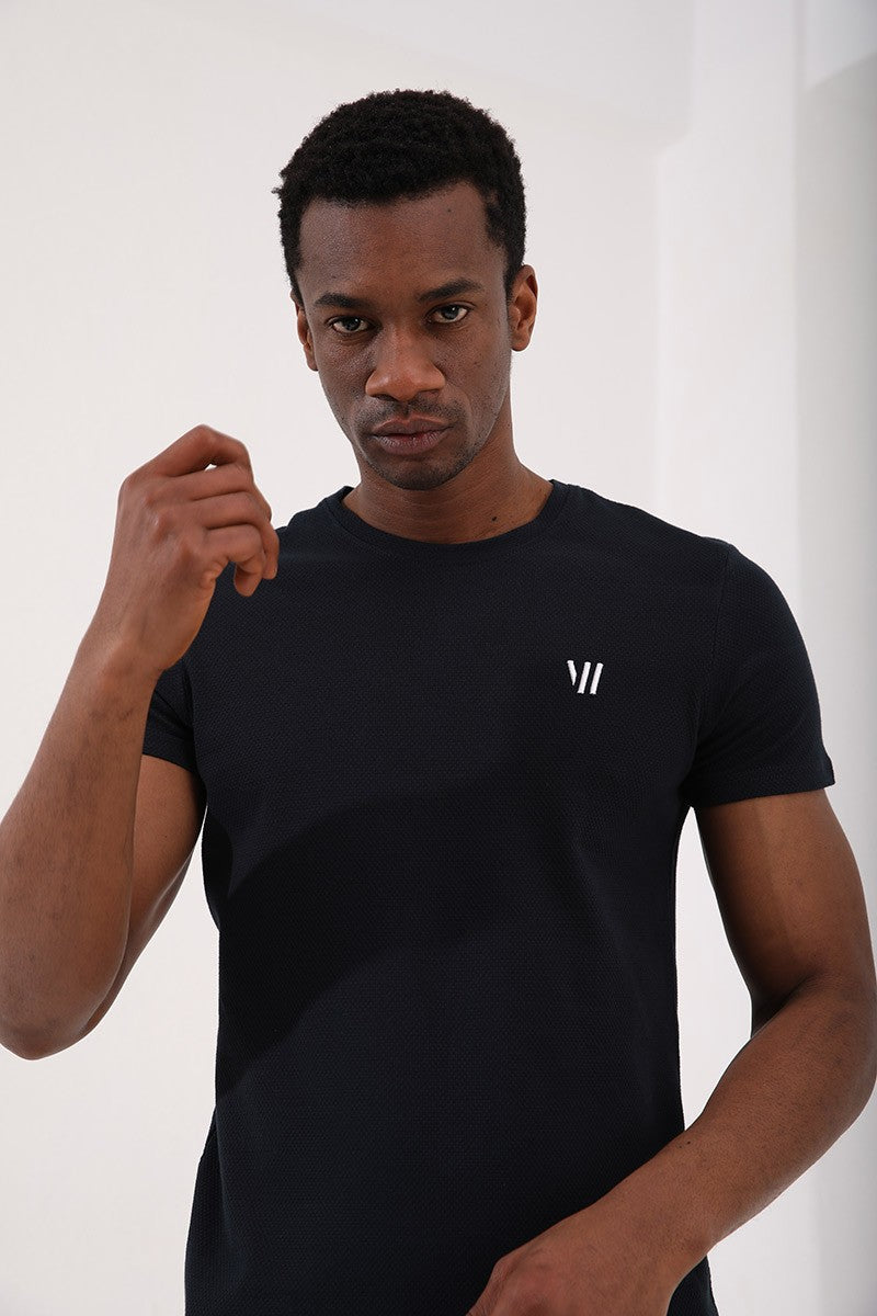 TMY Navy Blue Honeycomb Patterned Double Arrow Logo Standard Mold O Neck Men's T-Shirt - 87921 - Etten-Leur