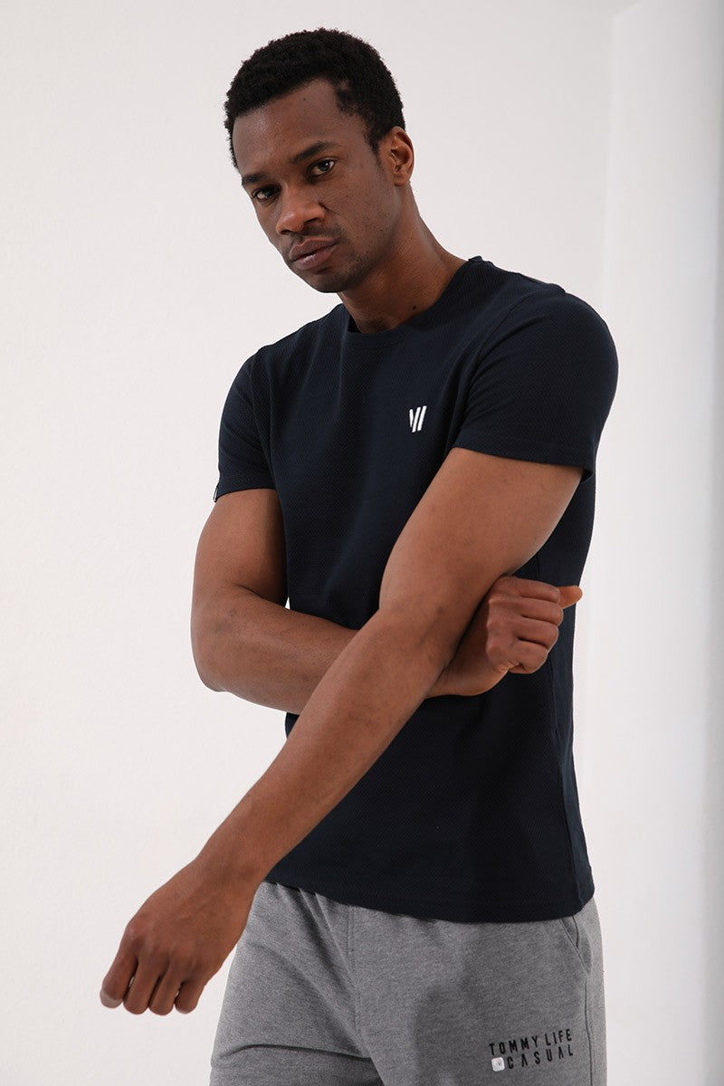 TMY Navy Blue Honeycomb Patterned Double Arrow Logo Standard Mold O Neck Men's T-Shirt - 87921 - Etten-Leur