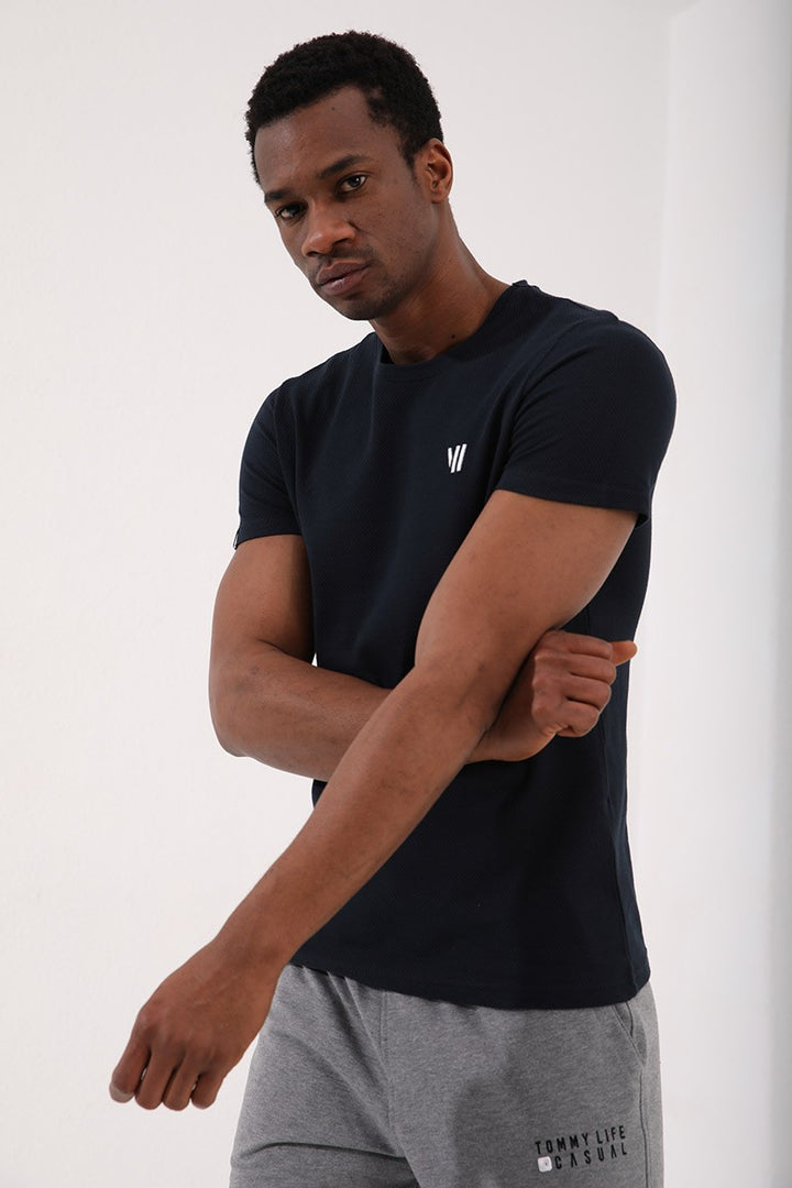TMY Navy Blue Honeycomb Patterned Double Arrow Logo Standard Mold O Neck Men's T-Shirt - 87921 - Etten-Leur