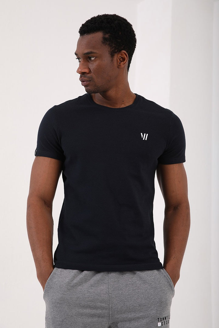 TMY Navy Blue Honeycomb Patterned Double Arrow Logo Standard Mold O Neck Men's T-Shirt - 87921 - Etten-Leur
