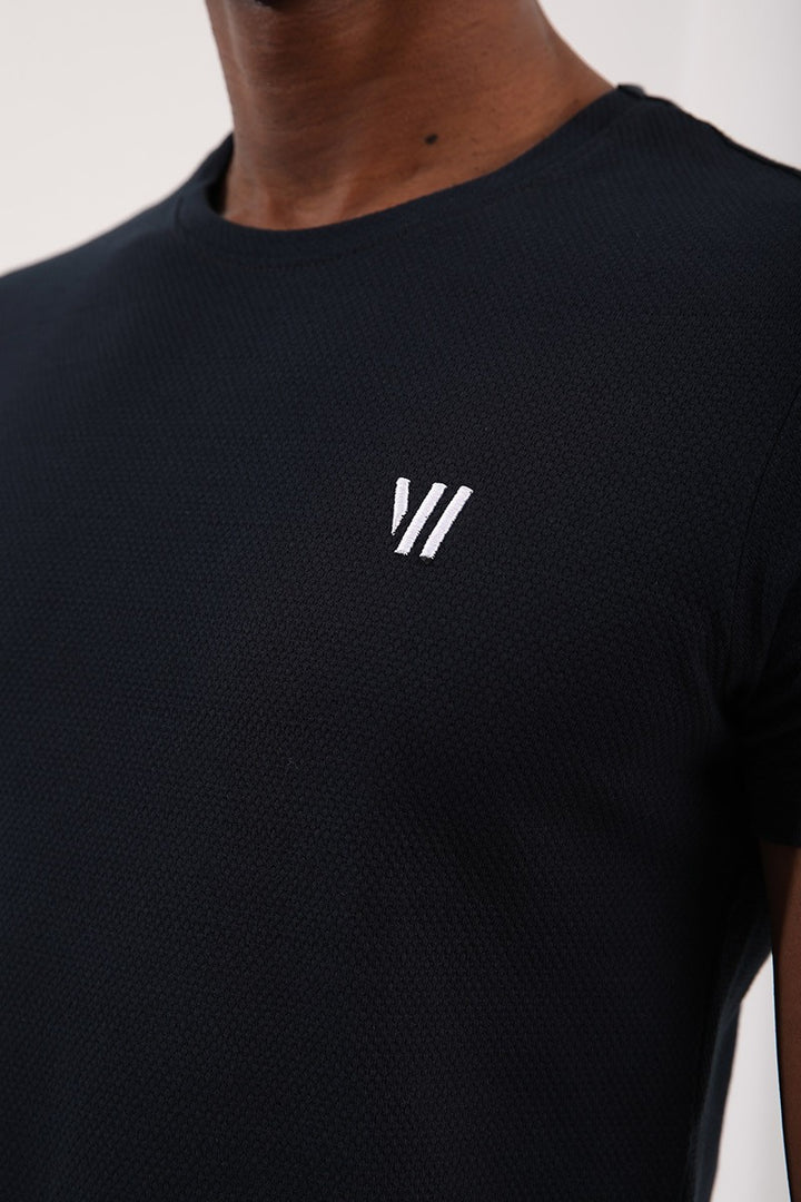TMY Navy Blue Honeycomb Patterned Double Arrow Logo Standard Mold O Neck Men's T-Shirt - 87921 - Etten-Leur
