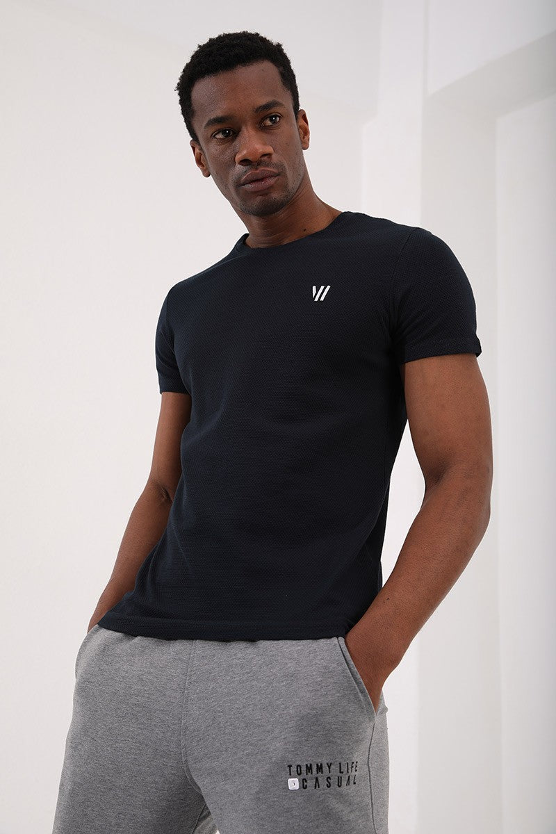 TMY Navy Blue Honeycomb Patterned Double Arrow Logo Standard Mold O Neck Men's T-Shirt - 87921 - Etten-Leur