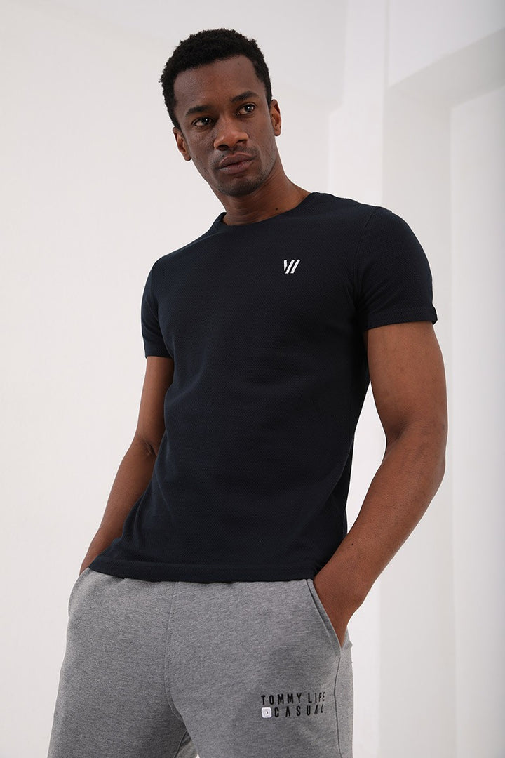 TMY Navy Blue Honeycomb Patterned Double Arrow Logo Standard Mold O Neck Men's T-Shirt - 87921 - Etten-Leur