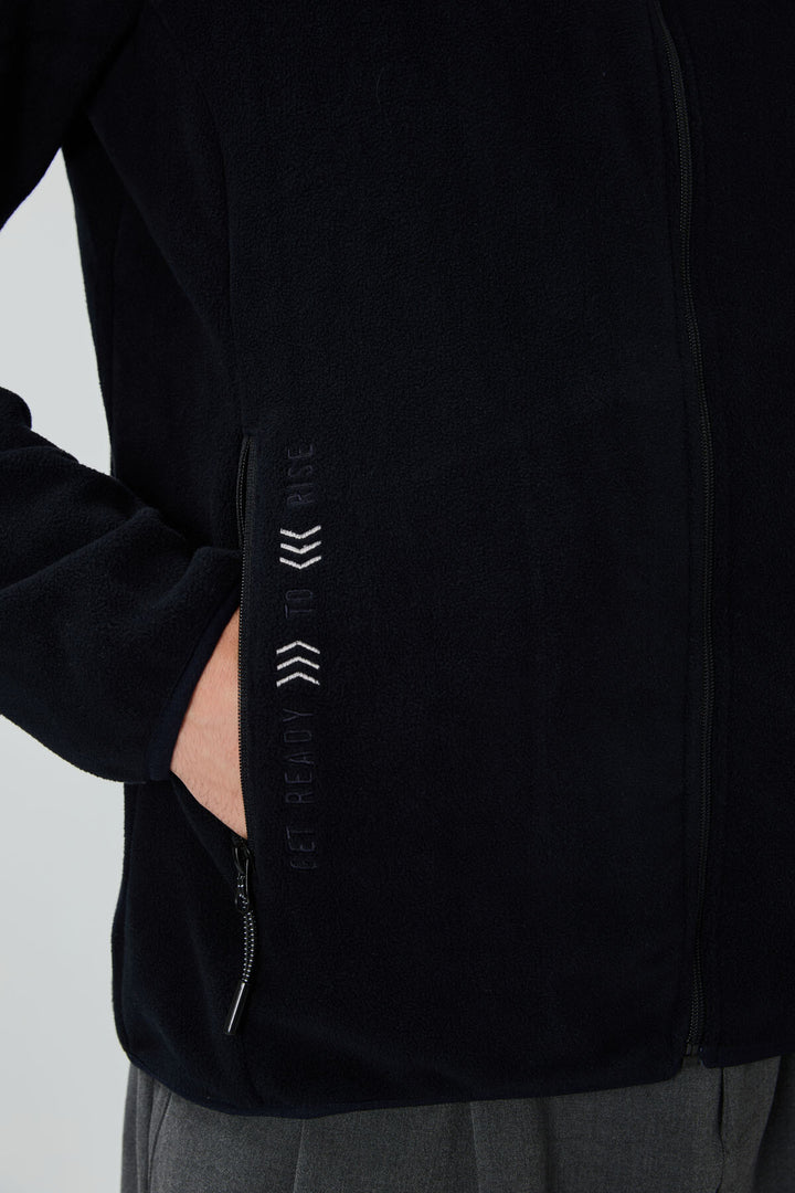 TMY Navy Blue Embroidered Text Zippered Standart Fit Men's Sweatshirt Polar - 87992 - Zoetermeer