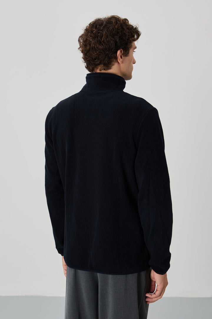 TMY Navy Blue Embroidered Text Zippered Standart Fit Men's Sweatshirt Polar - 87992 - Zoetermeer