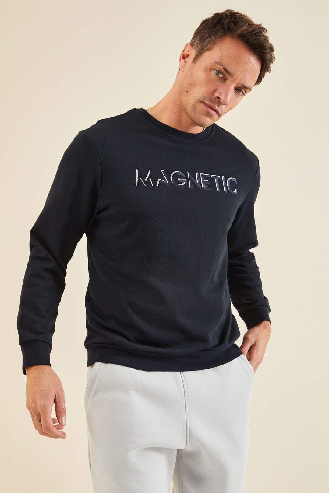 TMY Navy Blue Crew Neck Comfort Fit Men's Sweatshirt with Embroidered Writing - 88020 - Levittown