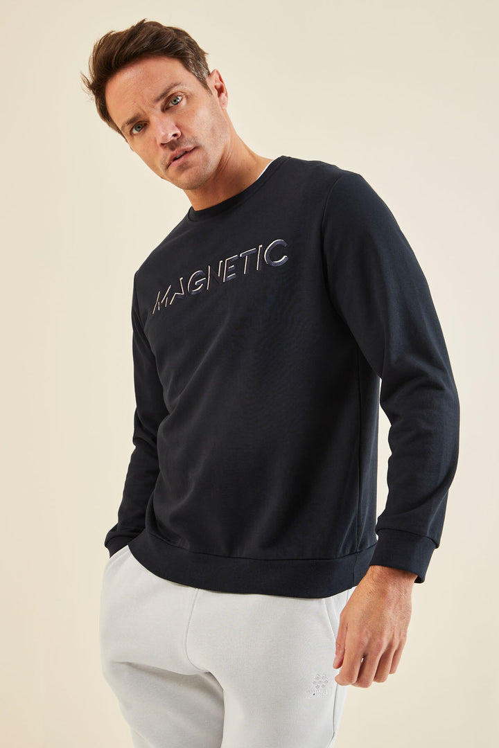 TMY Navy Blue Crew Neck Comfort Fit Men's Sweatshirt with Embroidered Writing - 88020 - Levittown