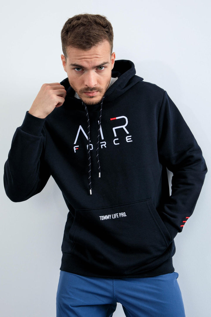 TMY Navy Blue Embroidered Text Standard Fit Hooded Men's Sweatshirt - 87838 - Scandicci