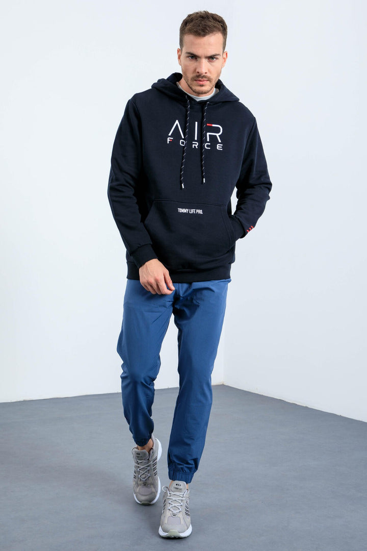 TMY Navy Blue Embroidered Text Standard Fit Hooded Men's Sweatshirt - 87838 - Scandicci