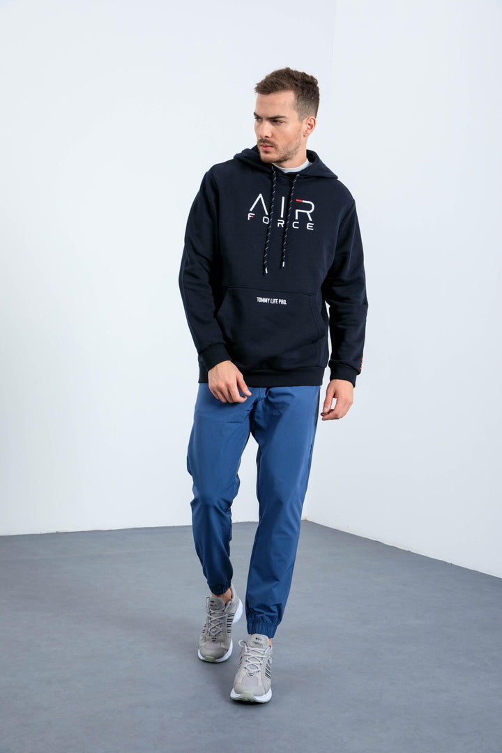 TMY Navy Blue Embroidered Text Standard Fit Hooded Men's Sweatshirt - 87838 - Scandicci