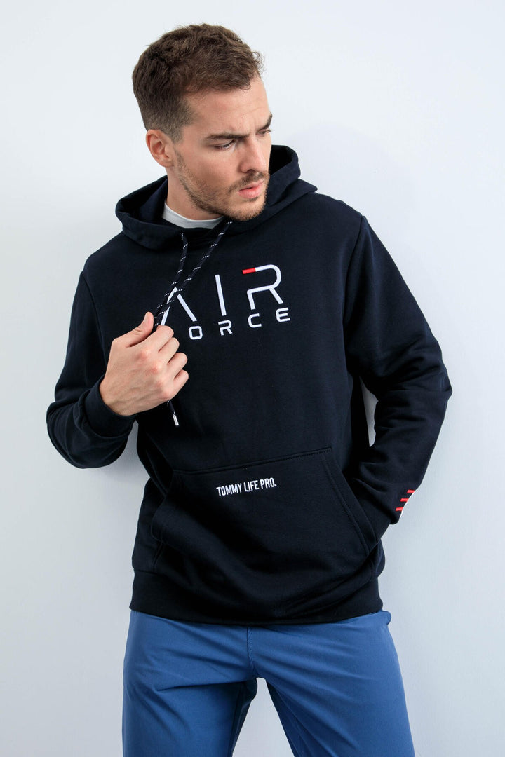 TMY Navy Blue Embroidered Text Standard Fit Hooded Men's Sweatshirt - 87838 - Scandicci