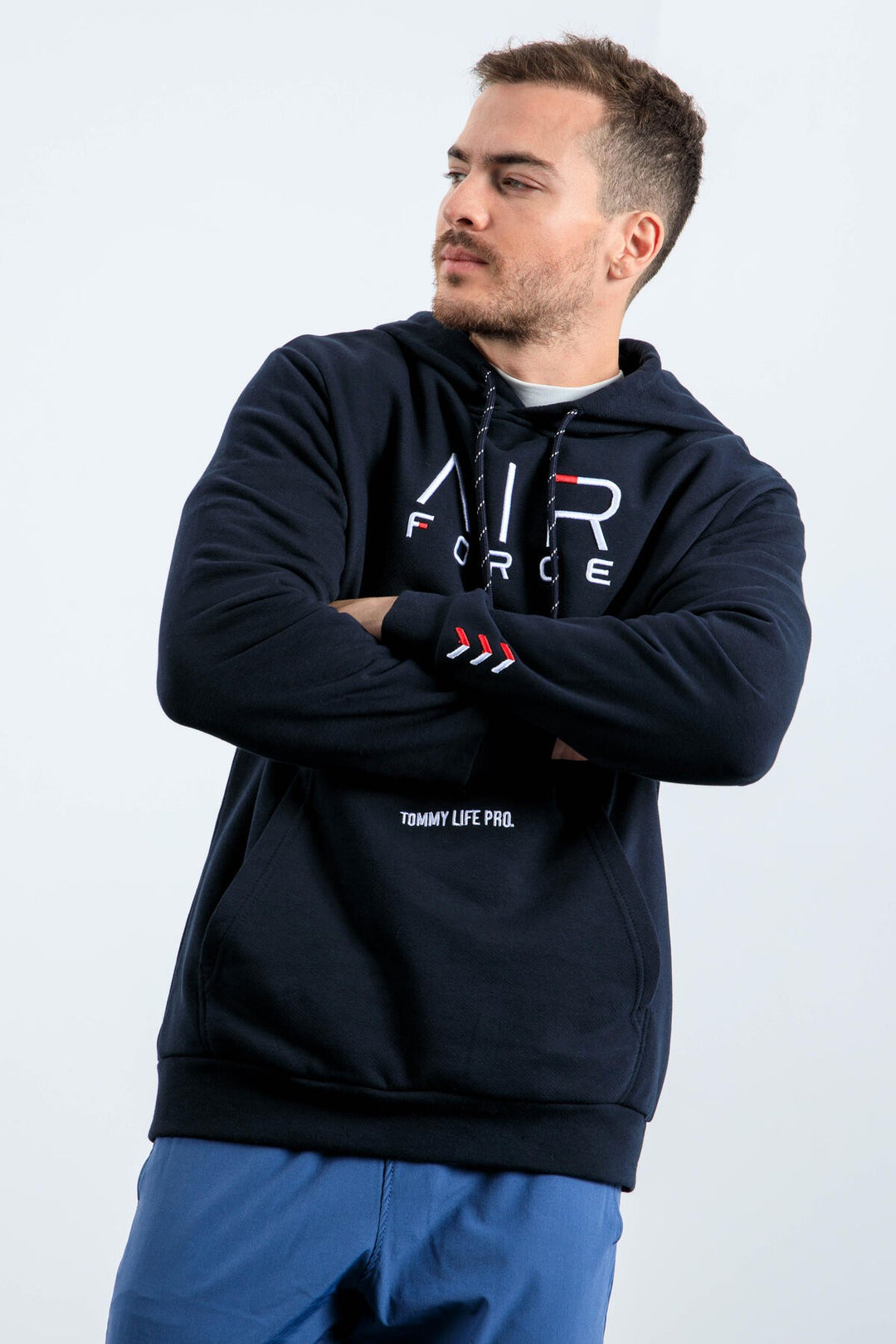 TMY Navy Blue Embroidered Text Standard Fit Hooded Men's Sweatshirt - 87838 - Scandicci