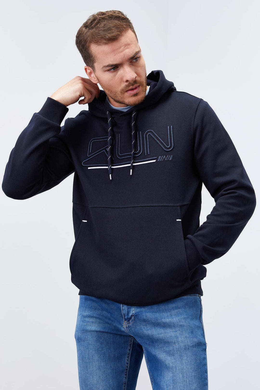 TMY Navy Blue Embroidered Text Standard Fit Hooded Men's Sweatshirt - 87887 - Dudley