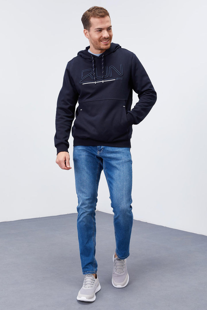 TMY Navy Blue Embroidered Text Standard Fit Hooded Men's Sweatshirt - 87887 - Dudley