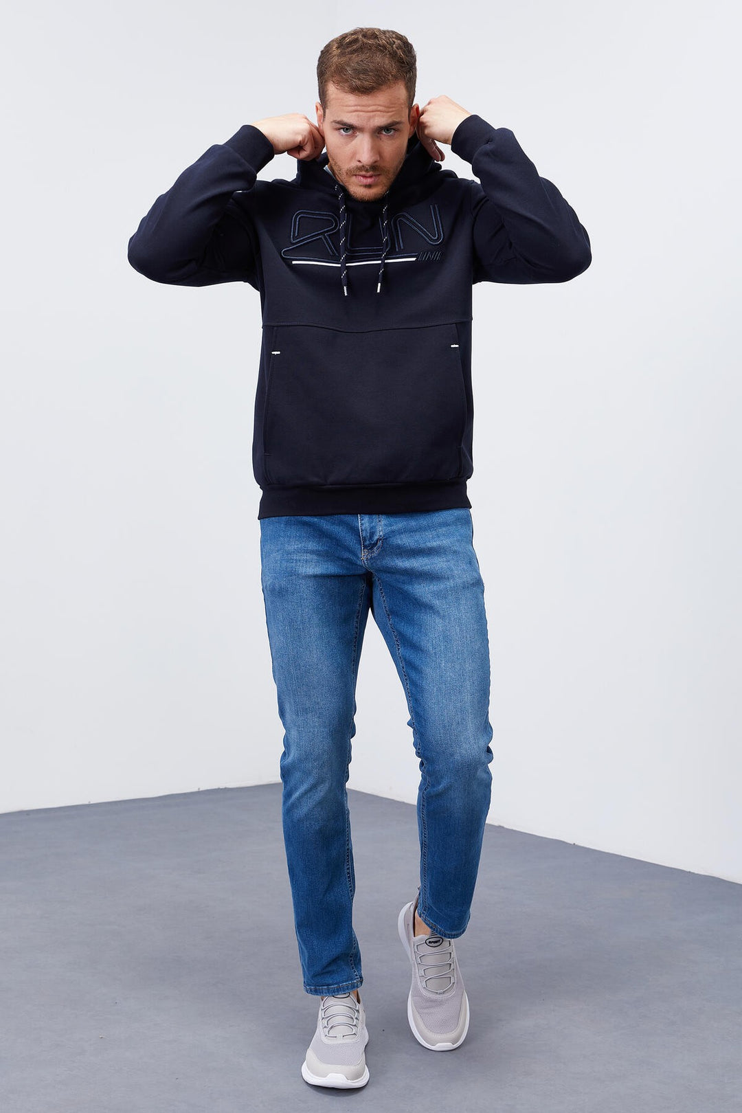 TMY Navy Blue Embroidered Text Standard Fit Hooded Men's Sweatshirt - 87887 - Dudley