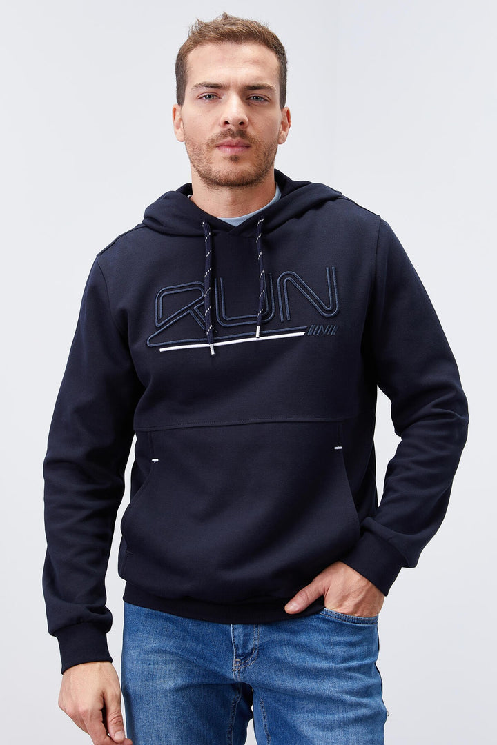 TMY Navy Blue Embroidered Text Standard Fit Hooded Men's Sweatshirt - 87887 - Dudley