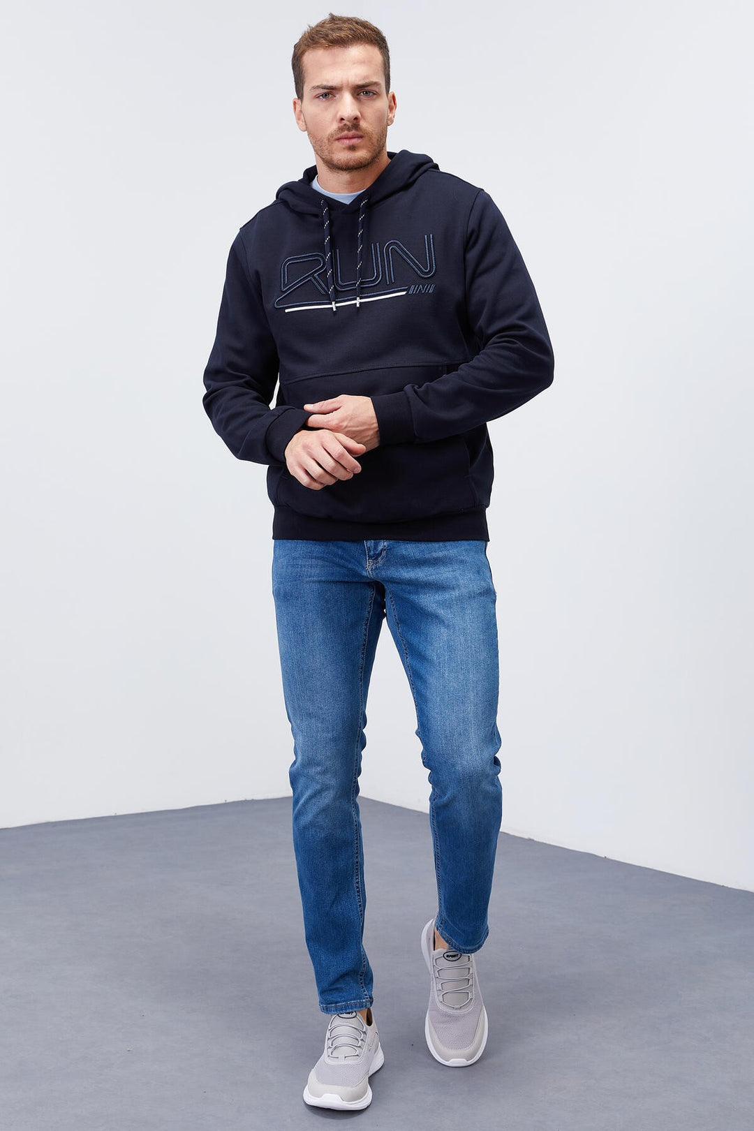 TMY Navy Blue Embroidered Text Standard Fit Hooded Men's Sweatshirt - 87887 - Dudley