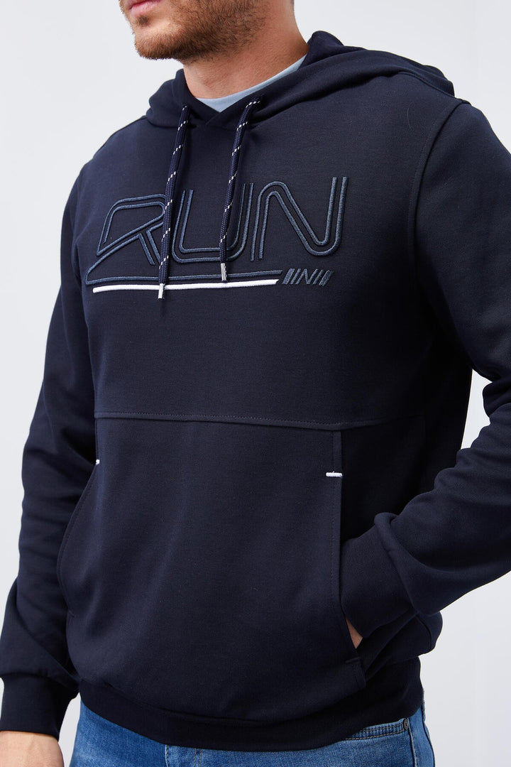 TMY Navy Blue Embroidered Text Standard Fit Hooded Men's Sweatshirt - 87887 - Dudley