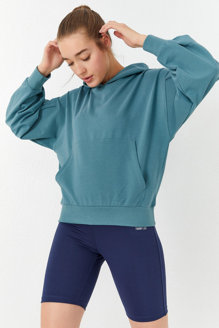 TMY Mint Green Balloon Sleeve Hooded Women's Oversized Sweatshirt - 97156 - Collegno