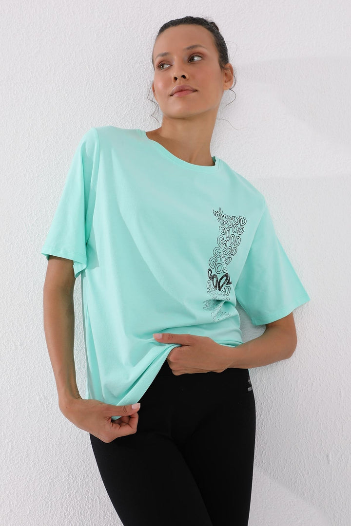 TMY Mint Green Deformed Printed O Neck Women's Oversize T-Shirt - 97134 - Issaquah