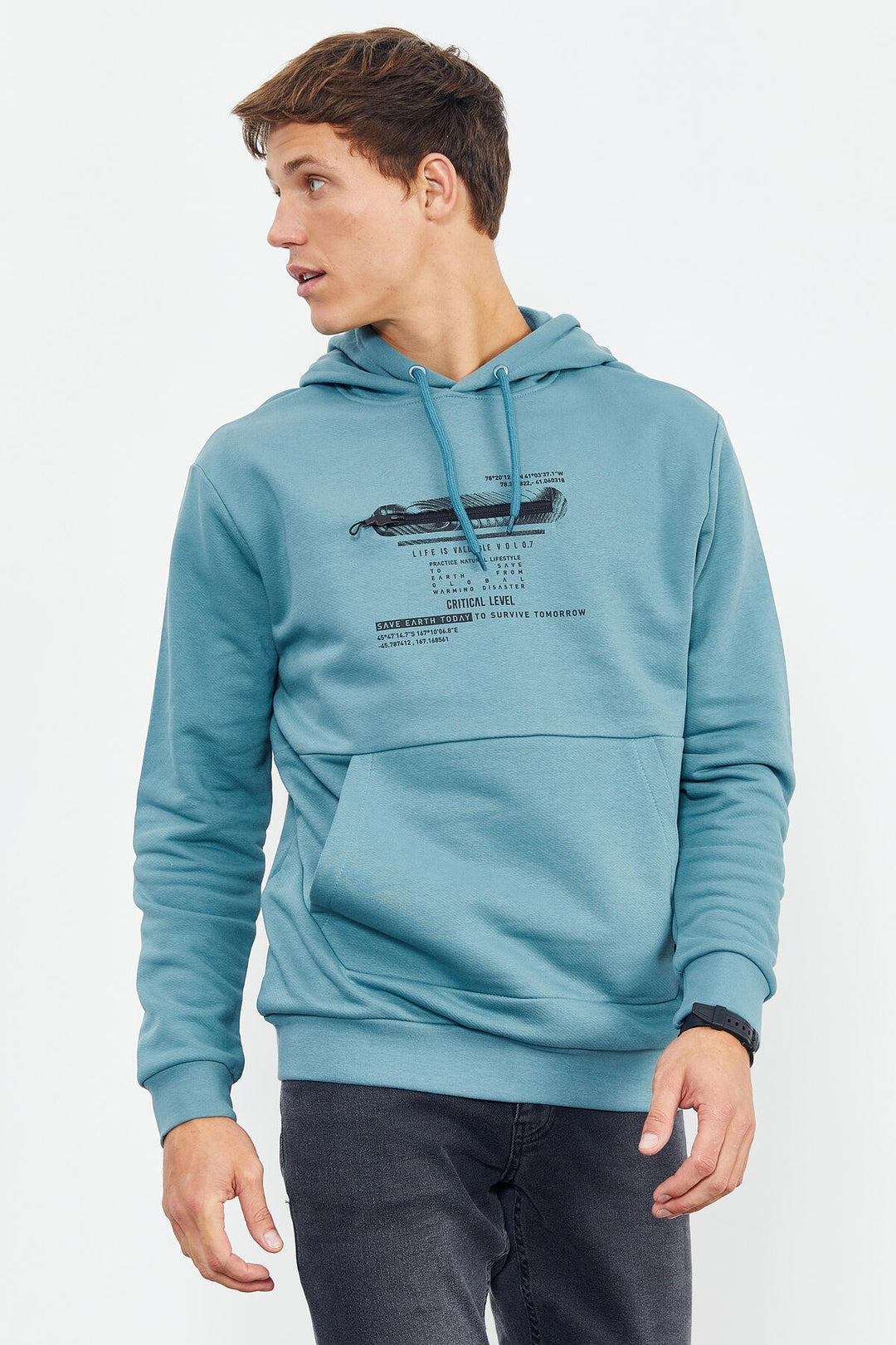 TMY Mint Green Printed Hooded Kangaroo Pocket Comfortable Fit Men's Sweatshirt - 88019 - Manassas
