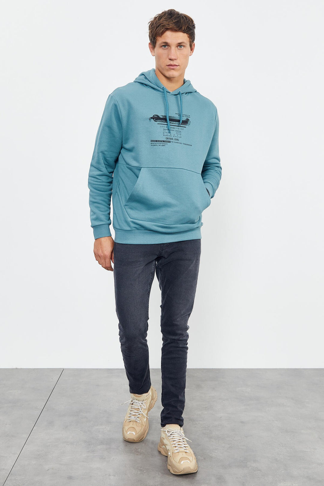 TMY Mint Green Printed Hooded Kangaroo Pocket Comfortable Fit Men's Sweatshirt - 88019 - Manassas