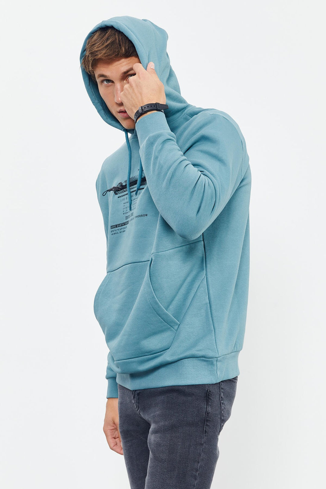TMY Mint Green Printed Hooded Kangaroo Pocket Comfortable Fit Men's Sweatshirt - 88019 - Manassas
