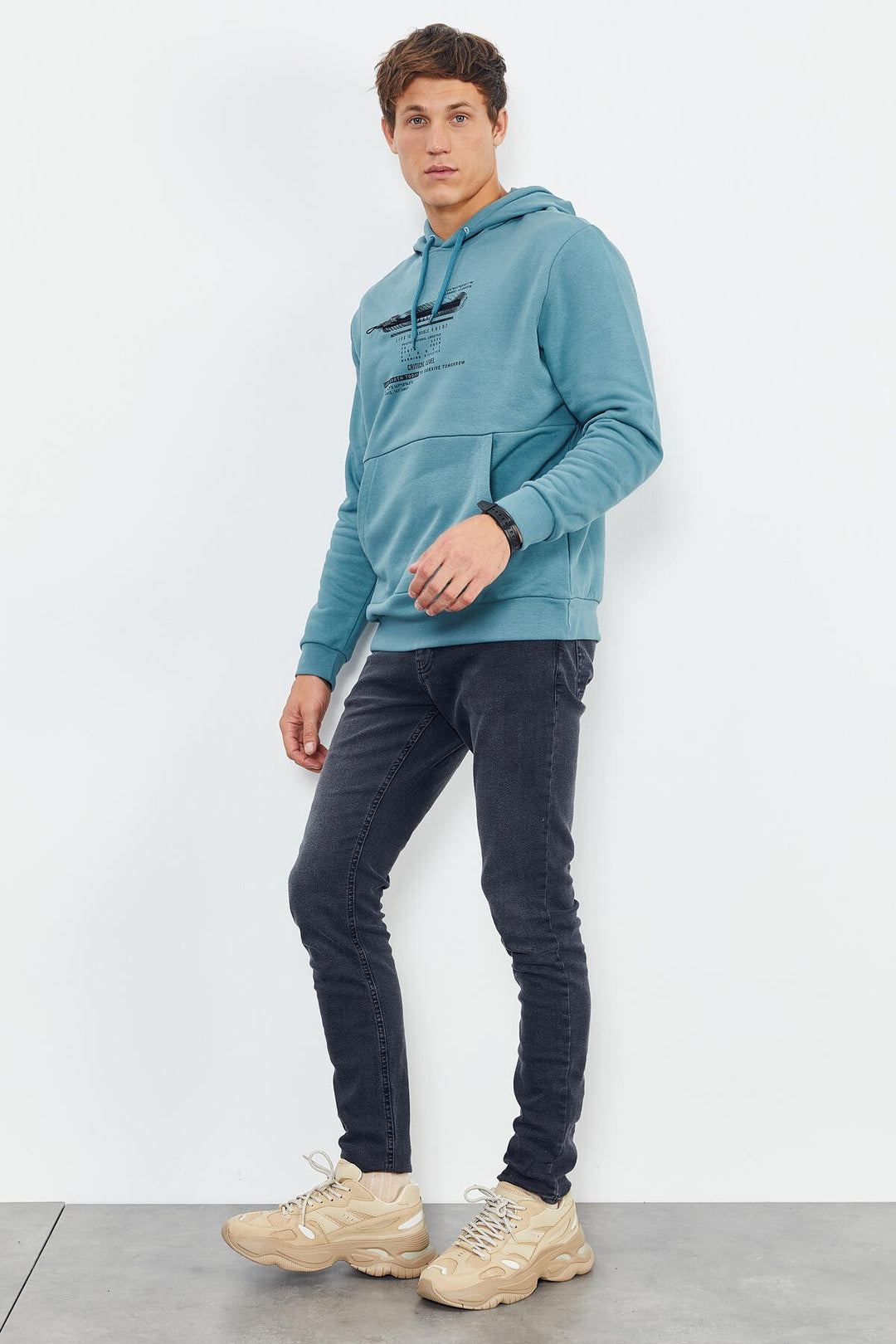 TMY Mint Green Printed Hooded Kangaroo Pocket Comfortable Fit Men's Sweatshirt - 88019 - Manassas
