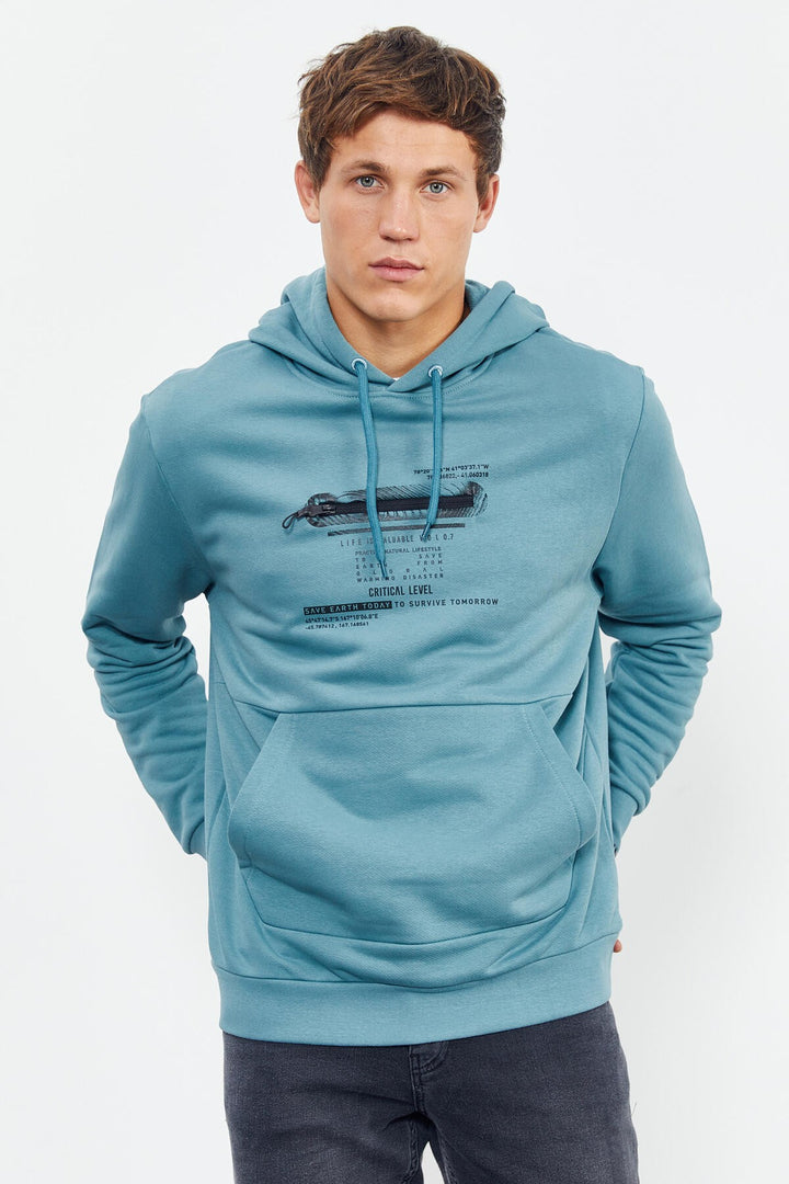 TMY Mint Green Printed Hooded Kangaroo Pocket Comfortable Fit Men's Sweatshirt - 88019 - Manassas