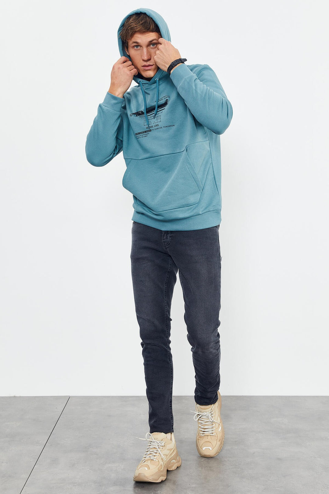 TMY Mint Green Printed Hooded Kangaroo Pocket Comfortable Fit Men's Sweatshirt - 88019 - Manassas