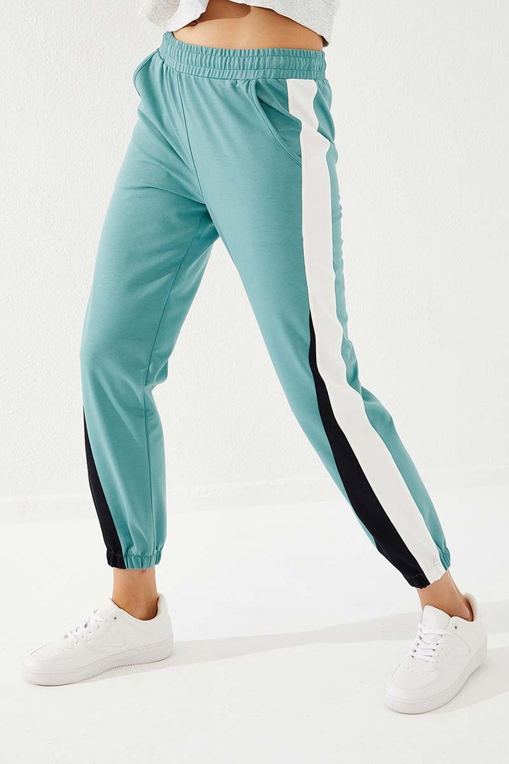 TMY Mint Green Two Color Striped Comfort Fit Elastic Cuff Women's Sweatpants - 94582 - New Brunswick