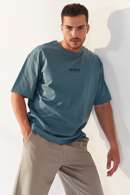 TMY Mint Green Small Printed O Neck Men's Oversize T-Shirt - 87985 - Canberra