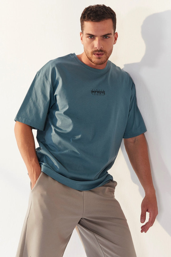 TMY Mint Green Small Printed O Neck Men's Oversize T-Shirt - 87985 - Canberra