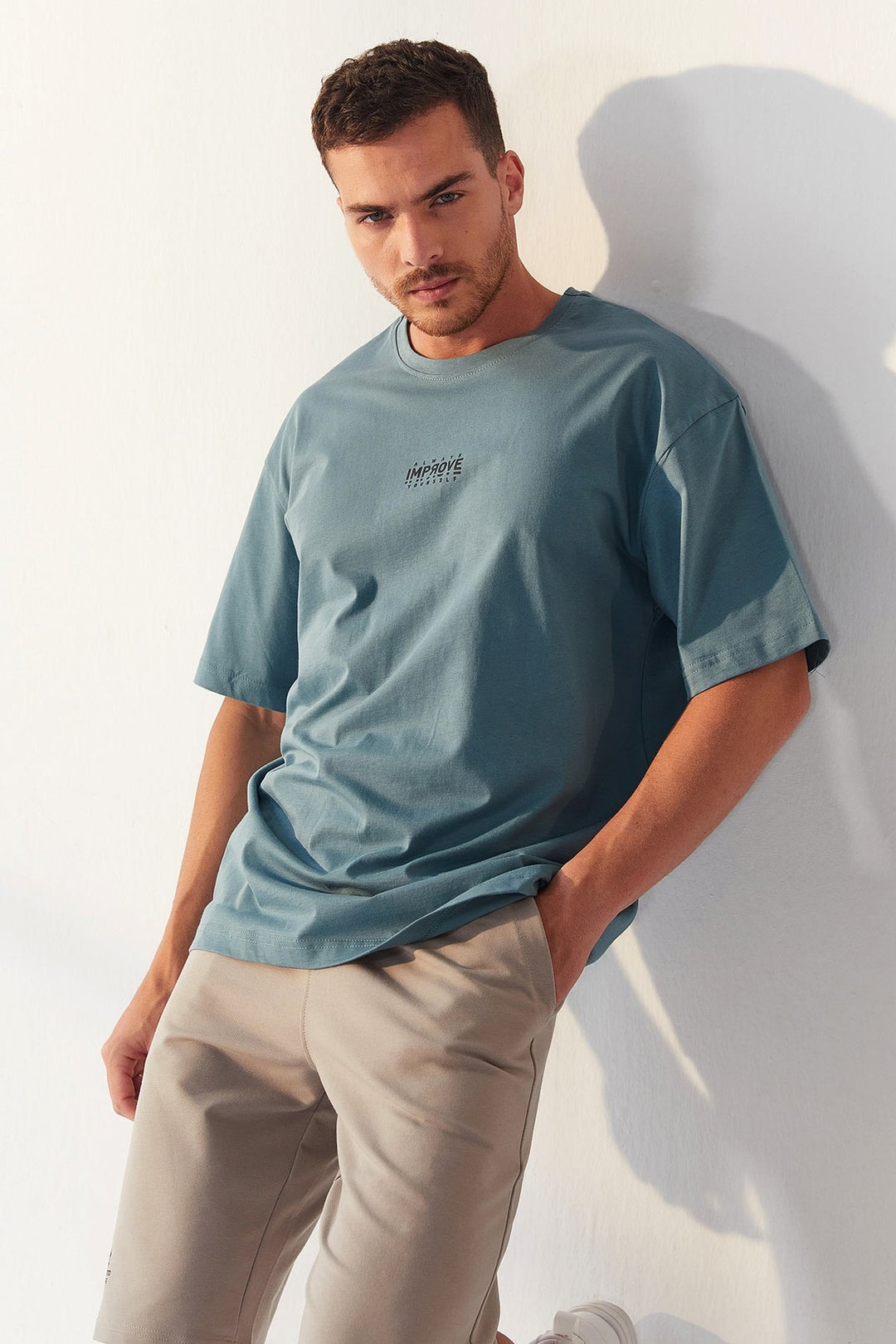 TMY Mint Green Small Printed O Neck Men's Oversize T-Shirt - 87985 - Canberra