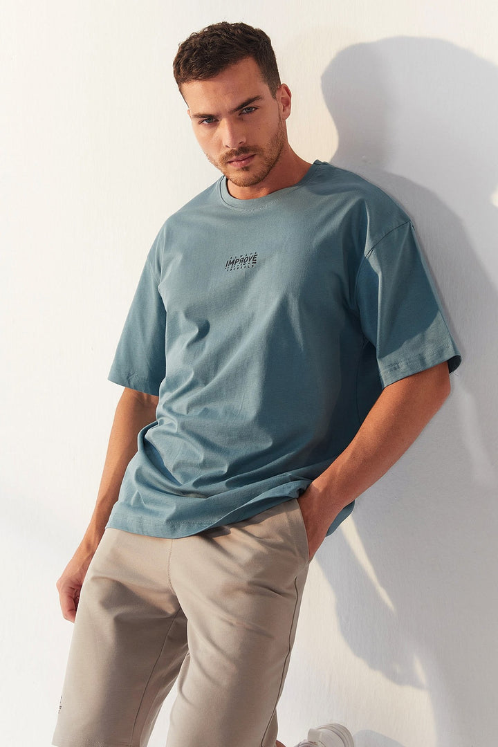 TMY Mint Green Small Printed O Neck Men's Oversize T-Shirt - 87985 - Canberra