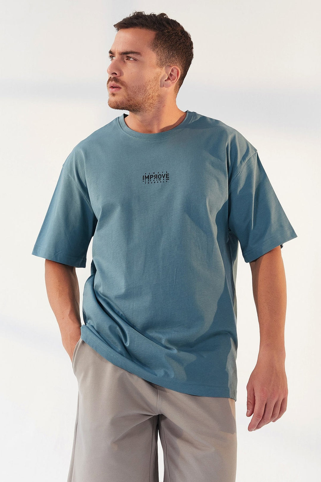 TMY Mint Green Small Printed O Neck Men's Oversize T-Shirt - 87985 - Canberra