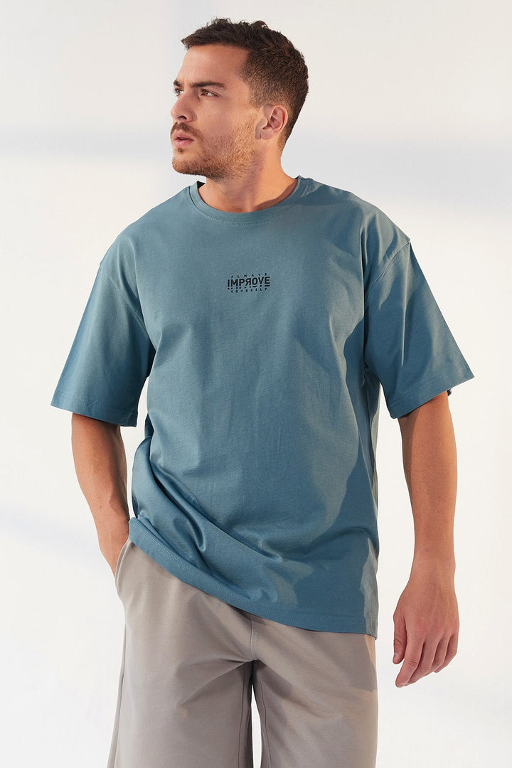 TMY Mint Green Small Printed O Neck Men's Oversize T-Shirt - 87985 - Canberra
