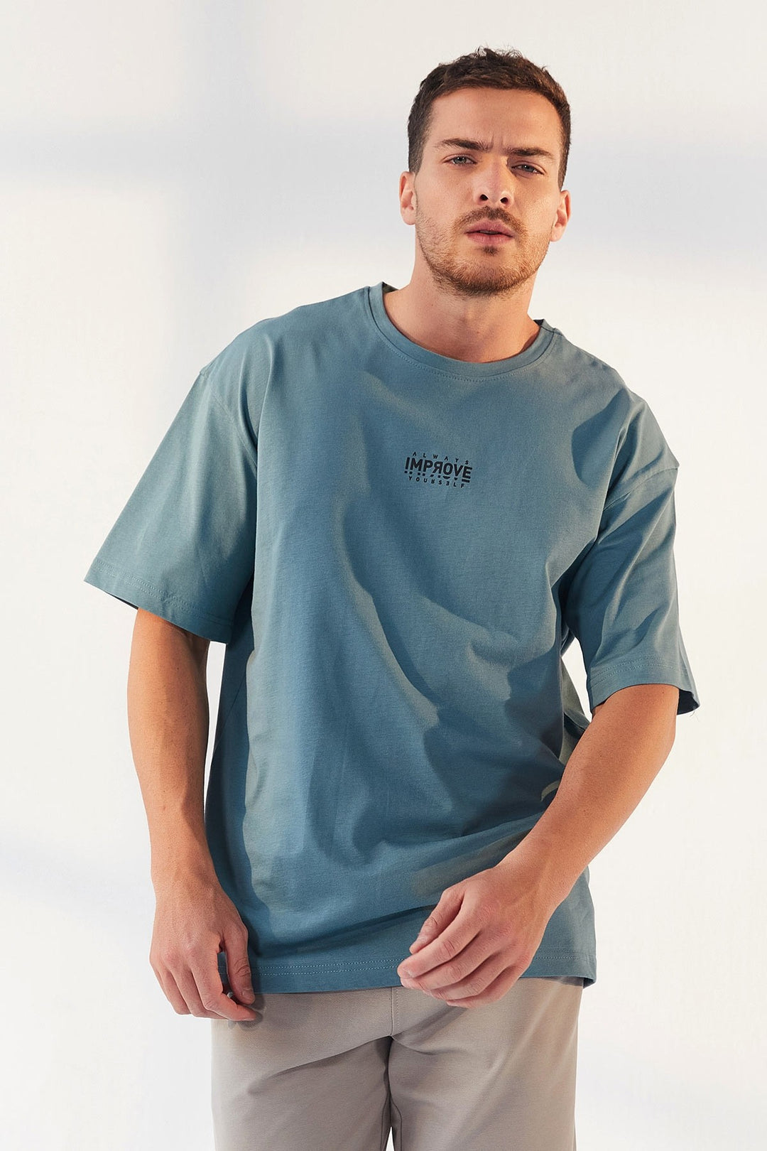 TMY Mint Green Small Printed O Neck Men's Oversize T-Shirt - 87985 - Canberra