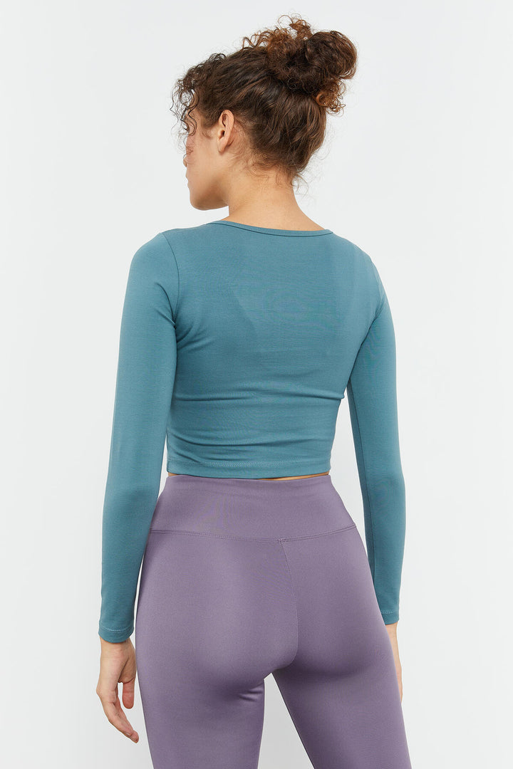 TMY Mint Green Long Sleeve Slim Fit O Neck Women Crop Top T-Shirt - 97150 - Dortmund