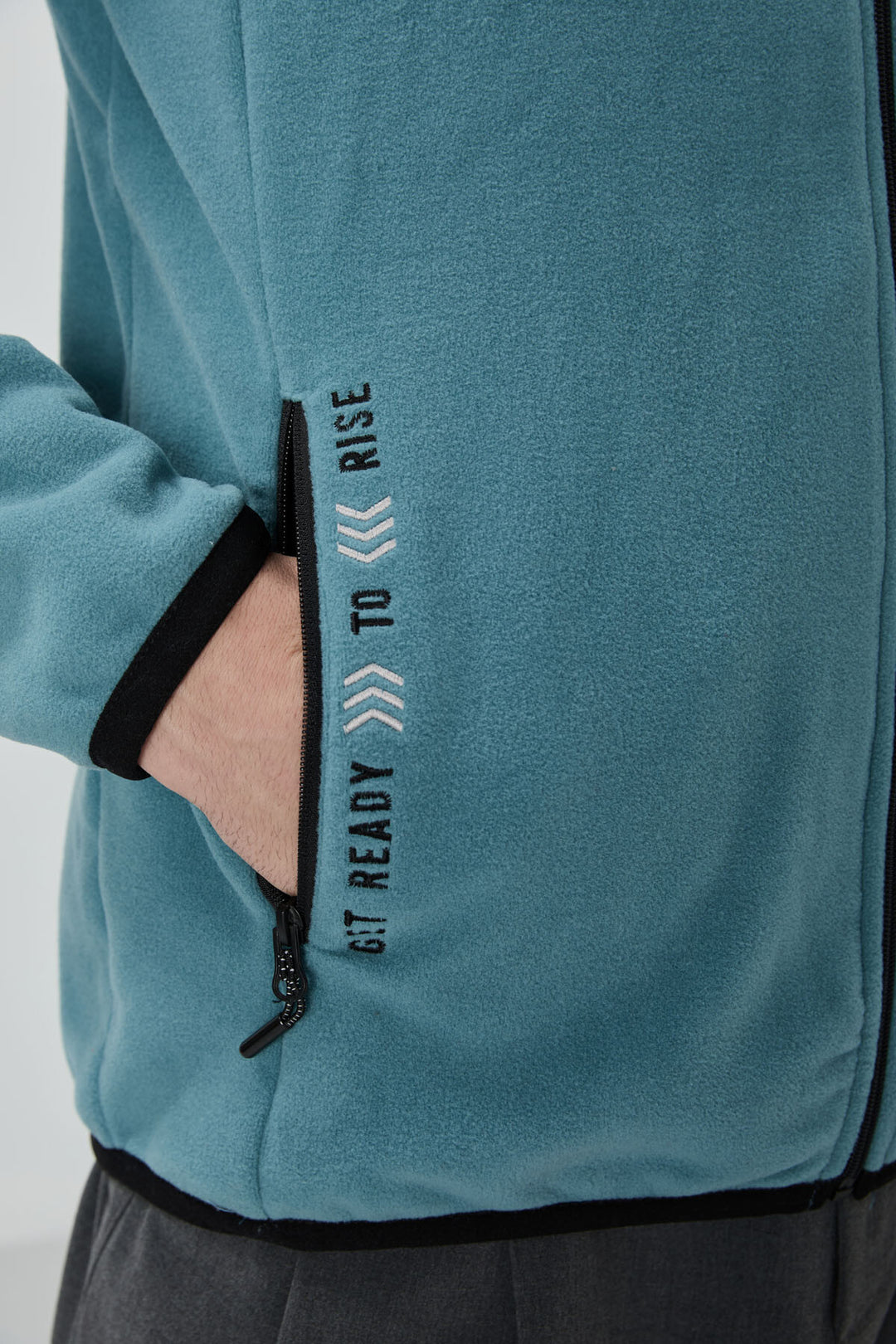 TMY Mint Green Embroidered Text Zippered Standart Fit Men's Sweatshirt Polar - 87992 - Rapid City