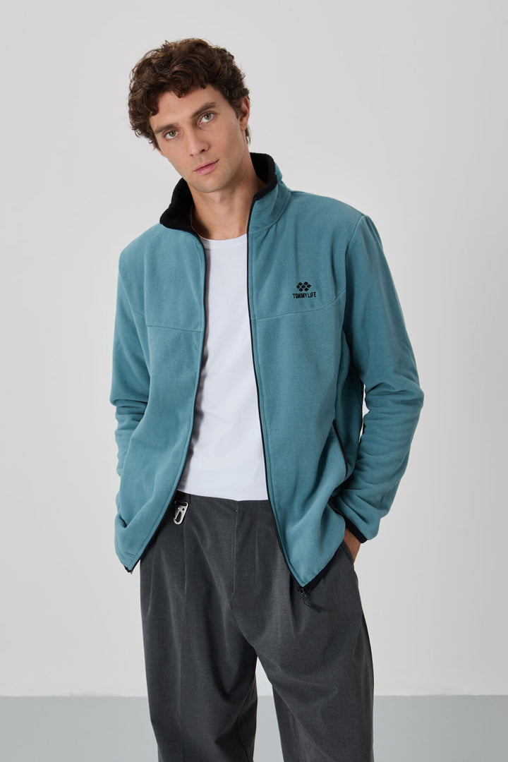 TMY Mint Green Embroidered Text Zippered Standart Fit Men's Sweatshirt Polar - 87992 - Rapid City