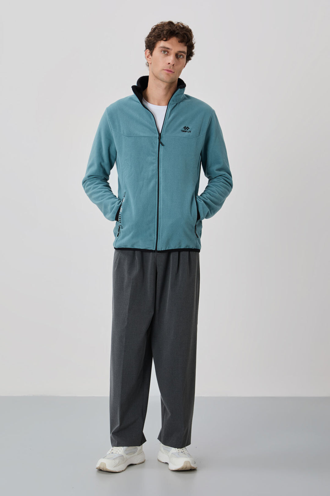 TMY Mint Green Embroidered Text Zippered Standart Fit Men's Sweatshirt Polar - 87992 - Rapid City