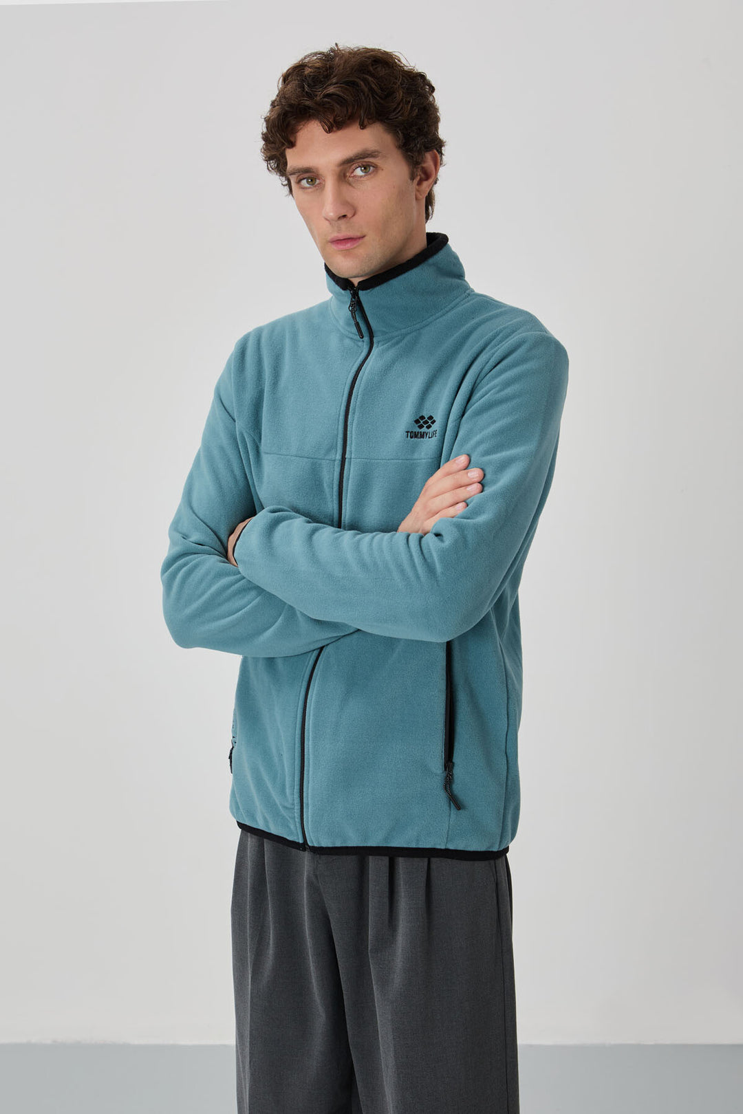 TMY Mint Green Embroidered Text Zippered Standart Fit Men's Sweatshirt Polar - 87992 - Rapid City