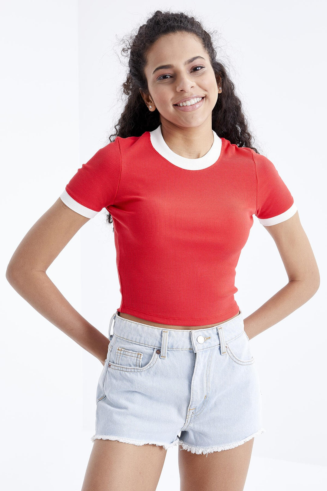 TMY Pomegranate Flower Basic Sleeve Detail O Neck Women's Crop Top T-Shirt - 97200 - Odessa