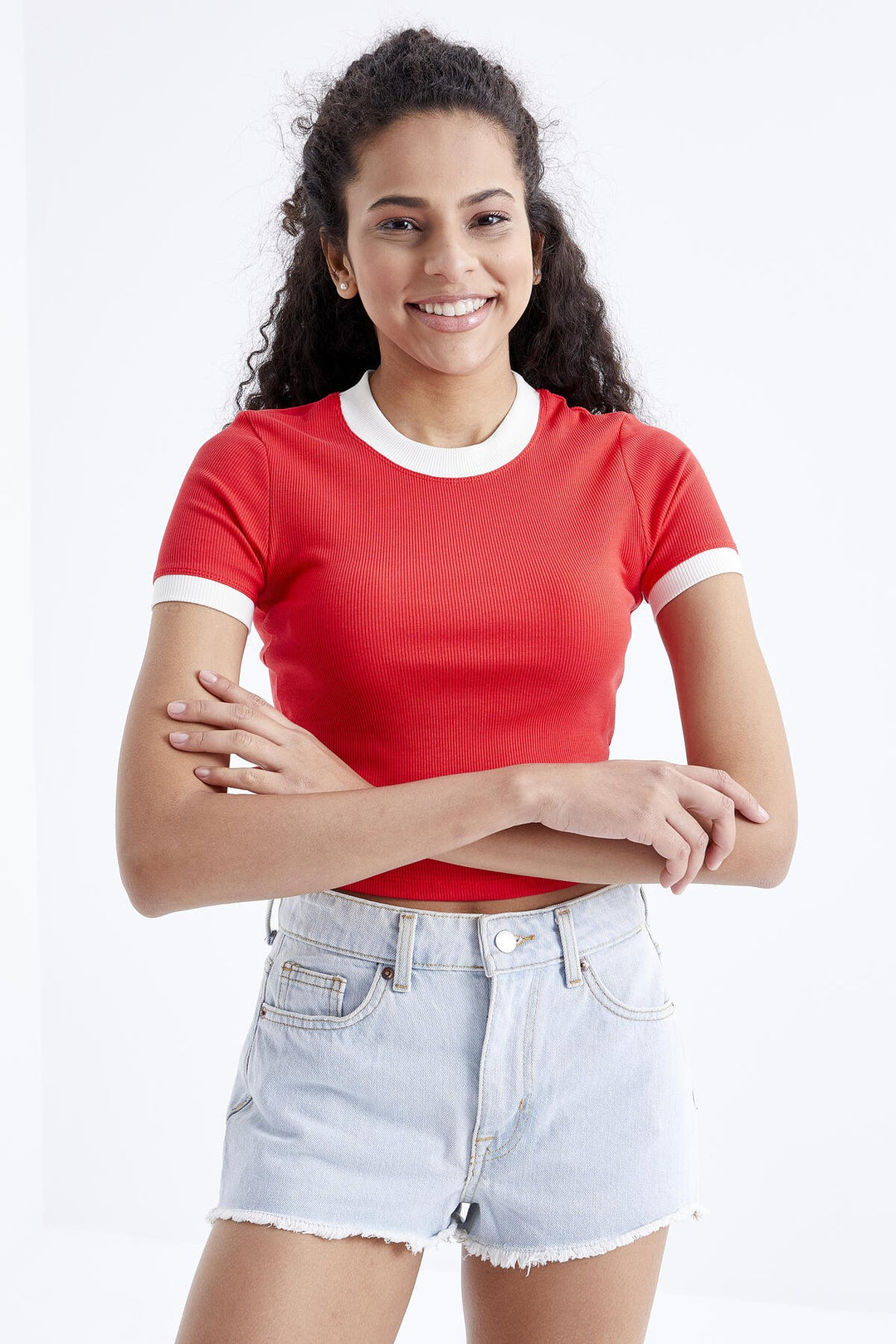 TMY Pomegranate Flower Basic Sleeve Detail O Neck Women's Crop Top T-Shirt - 97200 - Odessa