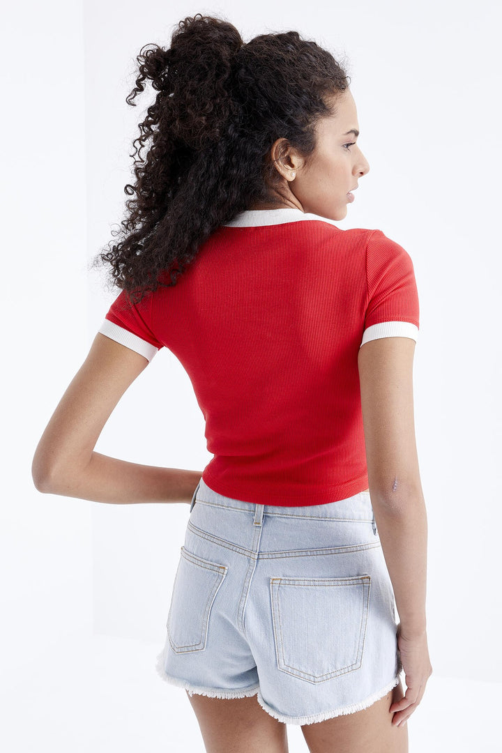 TMY Pomegranate Flower Basic Sleeve Detail O Neck Women's Crop Top T-Shirt - 97200 - Odessa