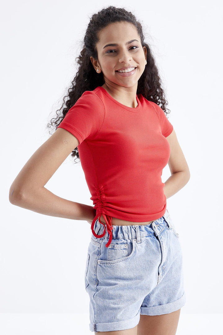 TMY Pomegranate Flower Basic Ruched Round Neck Women Crop Top T-Shirt - 97203 - Joplin
