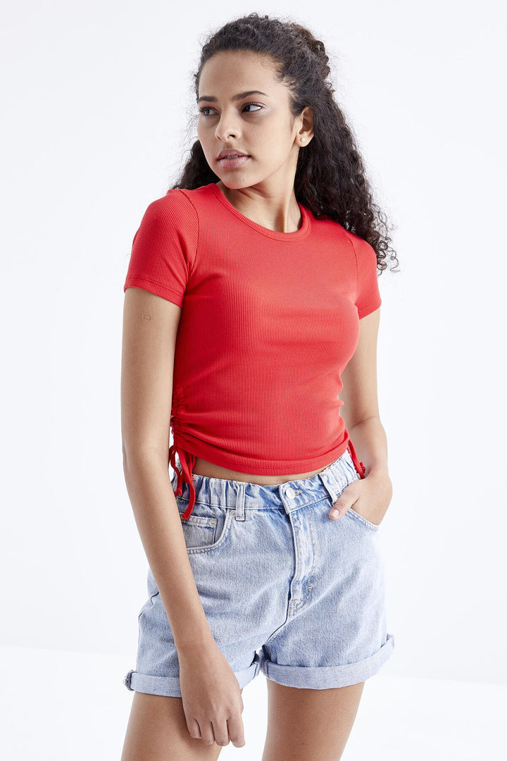 TMY Pomegranate Flower Basic Ruched Round Neck Women Crop Top T-Shirt - 97203 - Joplin