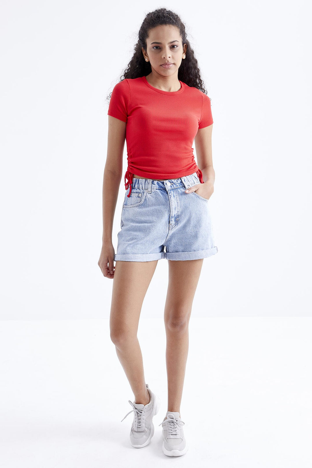 TMY Pomegranate Flower Basic Ruched Round Neck Women Crop Top T-Shirt - 97203 - Joplin