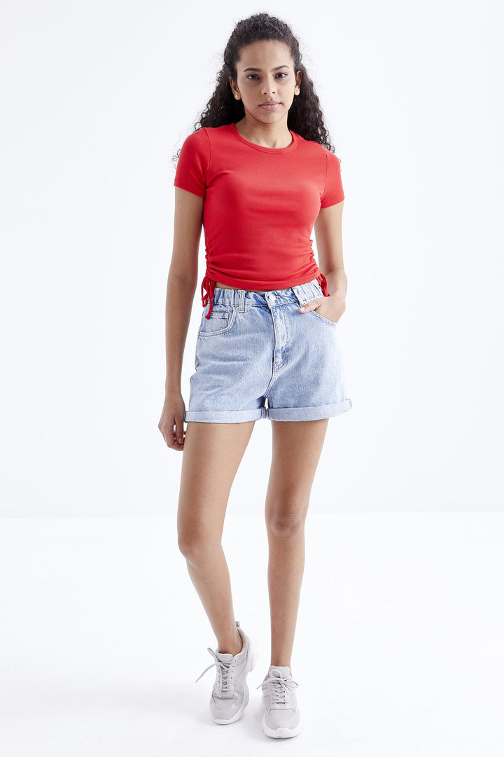 TMY Pomegranate Flower Basic Ruched Round Neck Women Crop Top T-Shirt - 97203 - Joplin